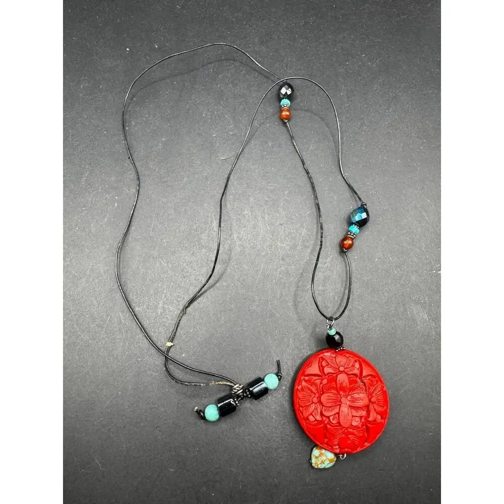 Vintage Red Carved Chinese Cinnabar Pendant Turquoise Glass Bead Necklace